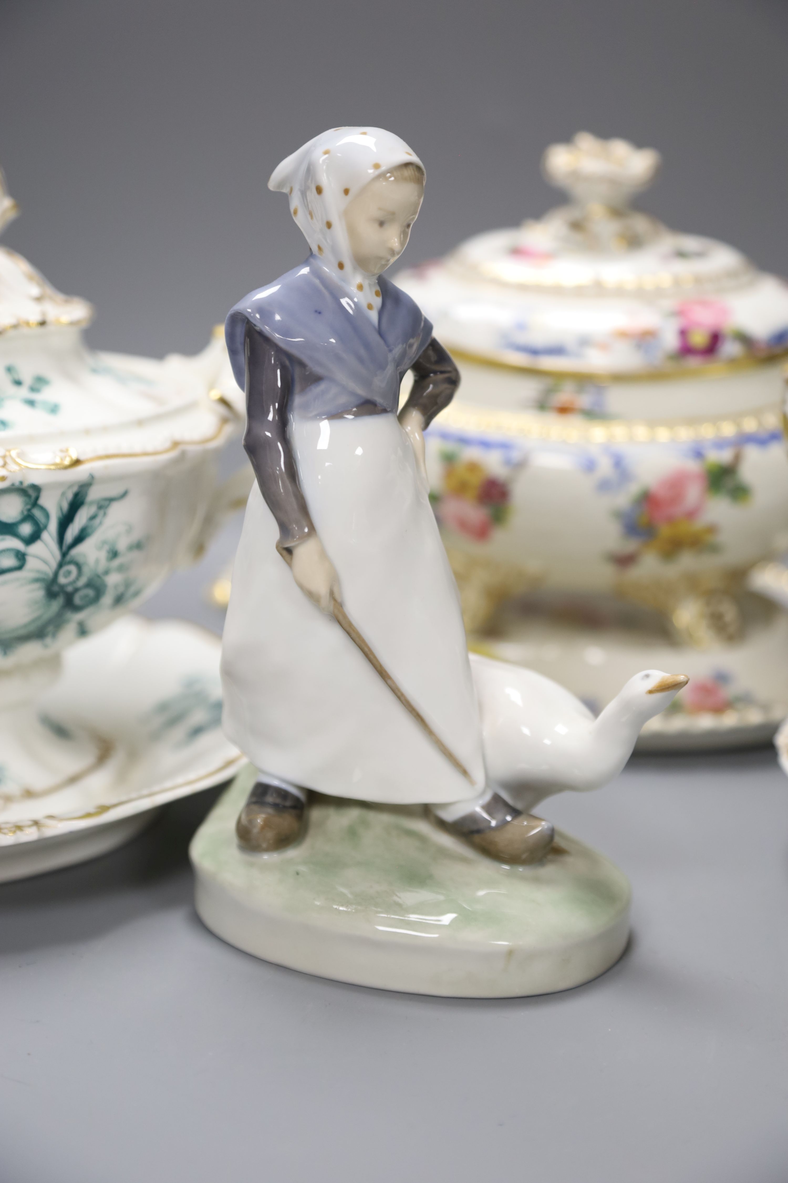 A pair of Ridgway porcelain tureens and integral stands and tureen cover and stand, height 18cm, a Royal Copenhagen figure and a Rosent